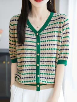 Outlet V-ne Stripe ort Sve Women's Summer Ice Silk Knitted Top Casual Loose Fit Bright Tead Soft Polyester Fiber