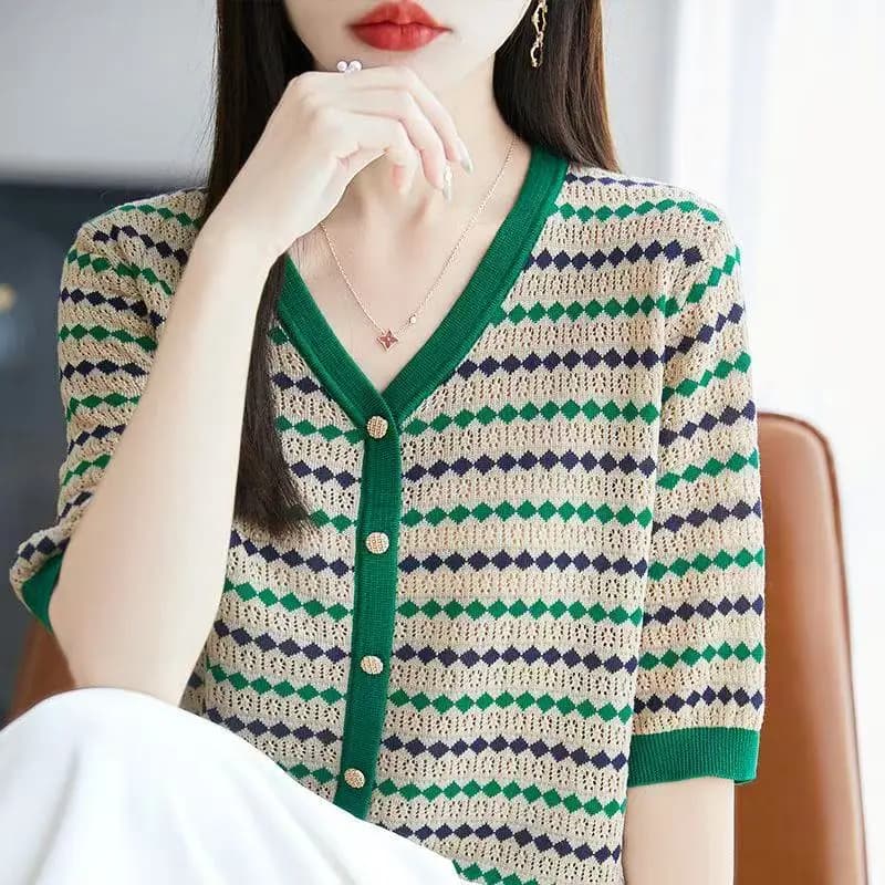 Outlet V-ne Stripe ort Sve Women's Summer Ice Silk Knitted Top Casual Loose Fit Bright Tead Soft Polyester Fiber