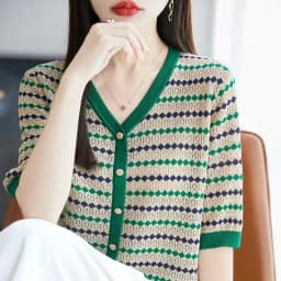 Outlet V-ne Stripe ort Sve Women's Summer Ice Silk Knitted Top Casual Loose Fit Bright Tead Soft Polyester Fiber