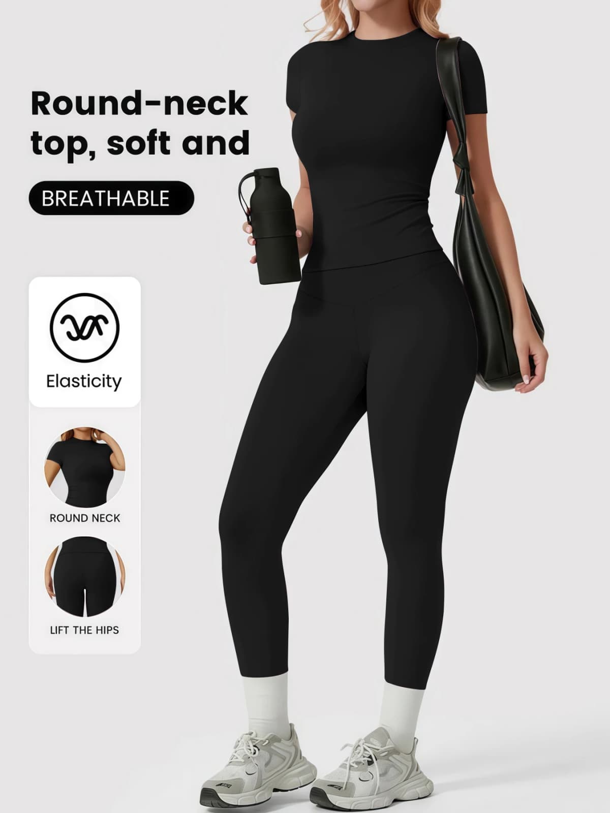 Women's 2 Piece Casual Yoga Set - Round Neck Short Sleeve Top & High Waist Butt Lift Leggings, Soft Breathable Stretchy Workout