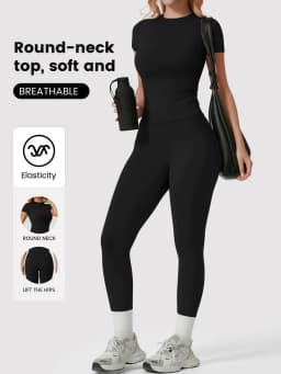Women's 2 Piece Casual Yoga Set - Round Neck Short Sleeve Top & High Waist Butt Lift Leggings, Soft Breathable Stretchy Workout