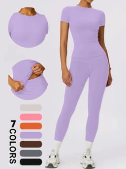 Women's 2 Piece Casual Yoga Set - Round Neck Short Sleeve Top & High Waist Butt Lift Leggings, Soft Breathable Stretchy Workout