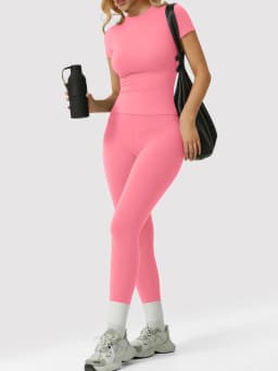 Women's 2 Piece Casual Yoga Set - Round Neck Short Sleeve Top & High Waist Butt Lift Leggings, Soft Breathable Stretchy Workout