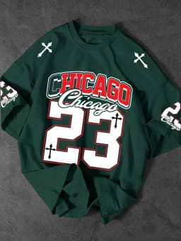 Gothic Chicago 23 Print Long Sleeve T Shirt Men Streetwear Hip Hop Cross Graphic Oversized Tee Casual Fashion Tops