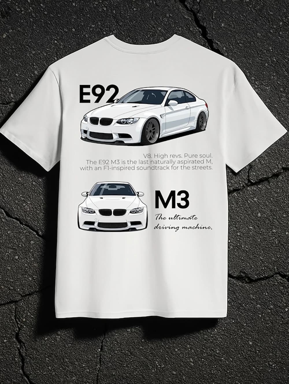E92 M3 white car graphic T-shirt casual crew neck loose fit stylish casual pure cotton all-season streetwear men clothing top