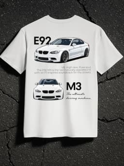E92 M3 white car graphic T-shirt casual crew neck loose fit stylish casual pure cotton all-season streetwear men clothing top