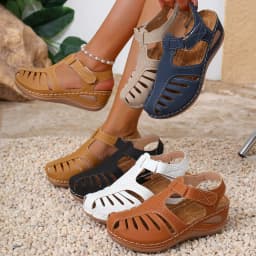 Plus-size hollow-out wedge sandals for women, round-toe, lightweight, thick-soled beach slippers