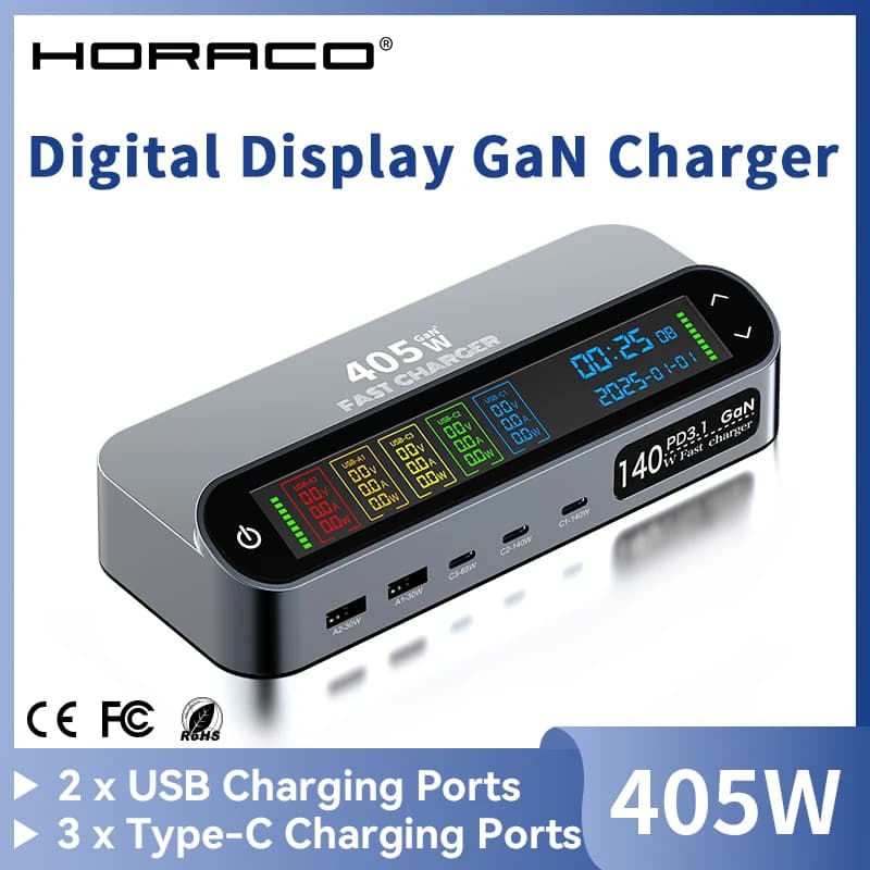 405W GaN Fast Charger 140W PD3.1 PPS USB Type-C LCD Digital Display Desktop Charging Station for iPhone 16/15 MacBook Laptops