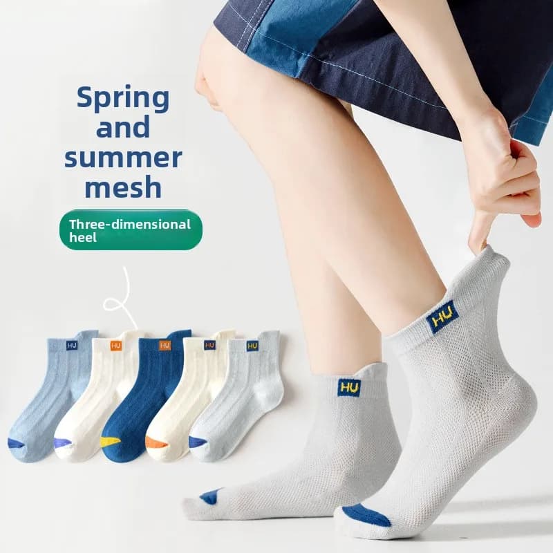 5 Pairs Boys Summer Socks Thin Cotton Sport Mesh Breathable Kids Mid Crew Socks Letter Trendy