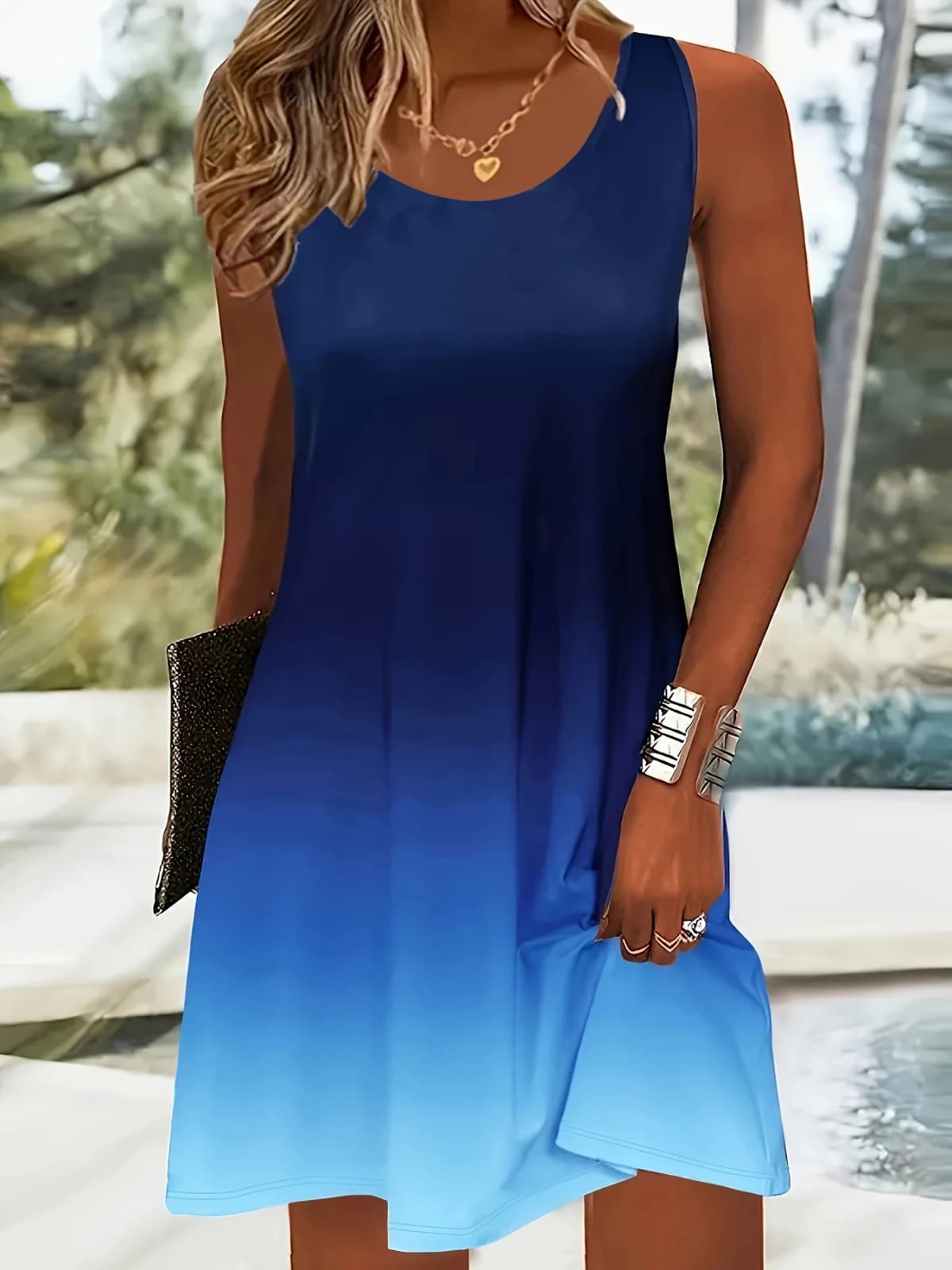 Casual Blue Gradient Dress Women Sleeveless Soft Sundress Minimalist Summer Daily Wear Clothing Fashion Female Women Clothing