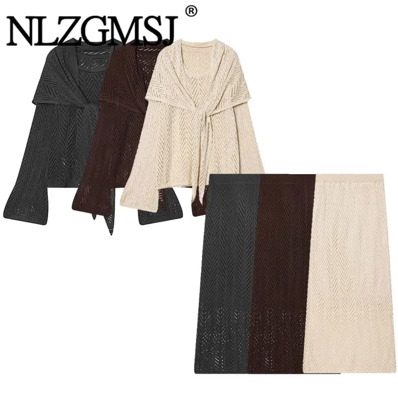 TAFAFXY 2026 Spring Women Sets Long Sleeve O-Neck Shawl Hollow-out Knitted Pullovers Loose Sweaters Midi Skirt Casual Suits