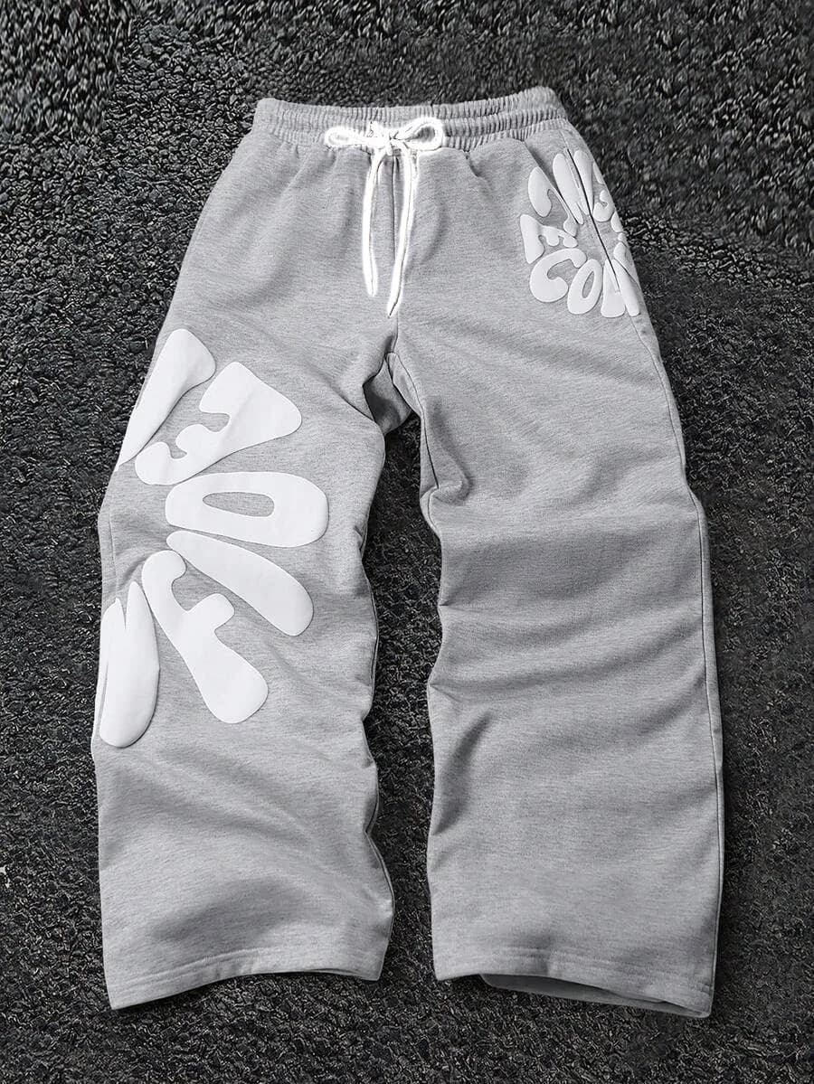 2026 Men's Soft Loose Fit Pants Grey White Bubble Letter Print Drawstring Elastic Waist Breathable Casual Streetwear Trousers