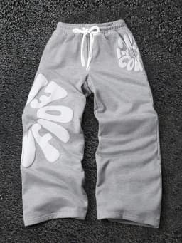 2026 Men's Soft Loose Fit Pants Grey White Bubble Letter Print Drawstring Elastic Waist Breathable Casual Streetwear Trousers