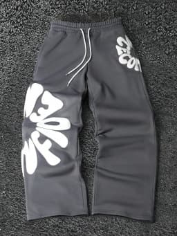 2026 Men's Soft Loose Fit Pants Grey White Bubble Letter Print Drawstring Elastic Waist Breathable Casual Streetwear Trousers