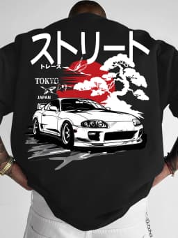 Oversized Vintage Japanese T‑Shirt Men Streetwear Retro Race Car Landscape Back Print Graphic Tee Crew Neck Short Sleeve Tops