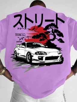Oversized Vintage Japanese T‑Shirt Men Streetwear Retro Race Car Landscape Back Print Graphic Tee Crew Neck Short Sleeve Tops