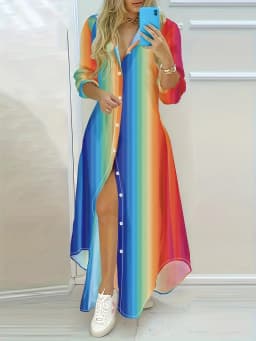 Rainbow Striped Long Sleeve Dress Vacation Style Casual Summer Maxi Dress Women Fashion Trendy A-Line Flowy Sleeve Dress