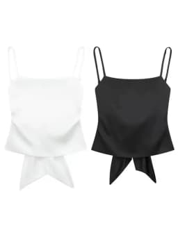 HH Womens Satin Spaghetti Strap Cami Top Tie Back Square Neck Camisole Elegant Summer Casual Party Streetwear Crop Top