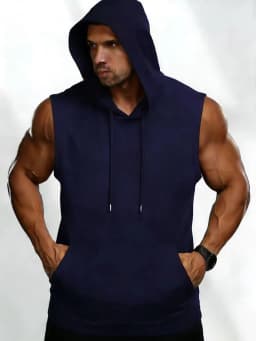 2026 Summer Men's Solid White Sleeveless Hoodie Vest, Polyester Gym Workout Hooded Tank Top with Kangaroo Pocket