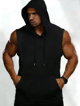2026 Summer Men's Solid White Sleeveless Hoodie Vest, Polyester Gym Workout Hooded Tank Top with Kangaroo Pocket
