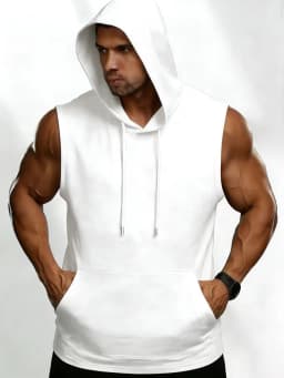 2026 Summer Men's Solid White Sleeveless Hoodie Vest, Polyester Gym Workout Hooded Tank Top with Kangaroo Pocket