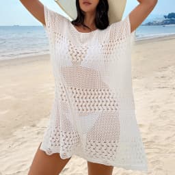 Vacation Style Hollow Out Textured Bikini Cover-Up Dress, Loose Simple Side Slit Knitted Dress, Casual Plain Fit for Women