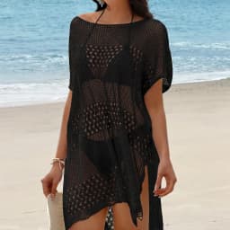 Vacation Style Hollow Out Textured Bikini Cover-Up Dress, Loose Simple Side Slit Knitted Dress, Casual Plain Fit for Women