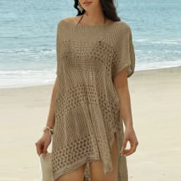 Vacation Style Hollow Out Textured Bikini Cover-Up Dress, Loose Simple Side Slit Knitted Dress, Casual Plain Fit for Women