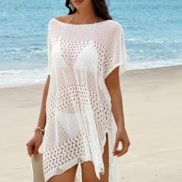 Vacation Style Hollow Out Textured Bikini Cover-Up Dress, Loose Simple Side Slit Knitted Dress, Casual Plain Fit for Women