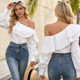 Chic Korean Long Sleeve Women Blouse Ruffle White Lantern Sleeve Tops Off Shoulder Sexy Shirt Elegant Cotton Clothing