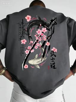Summer Double Golden Carp Bushido Print Men's Round-neck T-shirt Japanese Cool Culture Style Short Sleeve Casual Daily Wear