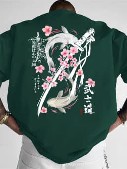 Summer Double Golden Carp Bushido Print Men's Round-neck T-shirt Japanese Cool Culture Style Short Sleeve Casual Daily Wear