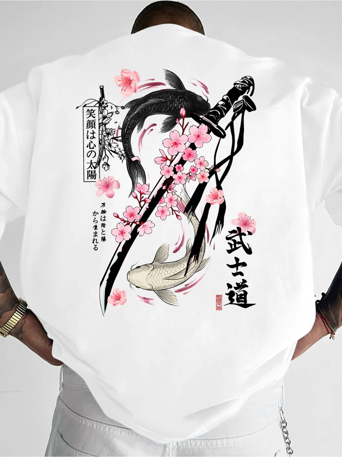 Summer Double Golden Carp Bushido Print Men's Round-neck T-shirt Japanese Cool Culture Style Short Sleeve Casual Daily Wear
