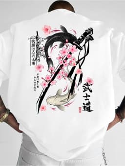 Summer Double Golden Carp Bushido Print Men's Round-neck T-shirt Japanese Cool Culture Style Short Sleeve Casual Daily Wear