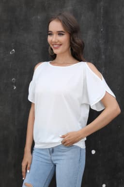 Women Cold Shoulder Short Sleeve T Shirts Back Tie Knot Loose Casual Solid White Blouse Summer Soft Tee Tops