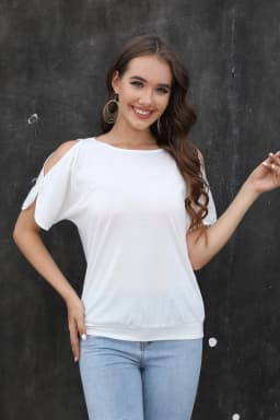 Women Cold Shoulder Short Sleeve T Shirts Back Tie Knot Loose Casual Solid White Blouse Summer Soft Tee Tops