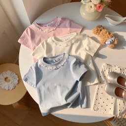 Clothes Sweet Lace Neck Clothing Tops 1 to 6 Years Short Sleeved T-shirt Korean Girls Summer