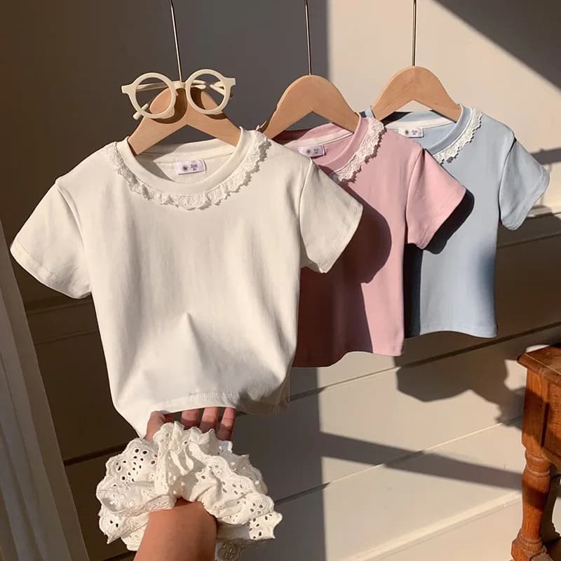 Clothes Sweet Lace Neck Clothing Tops 1 to 6 Years Short Sleeved T-shirt Korean Girls Summer