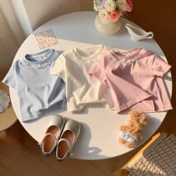 Clothes Sweet Lace Neck Clothing Tops 1 to 6 Years Short Sleeved T-shirt Korean Girls Summer