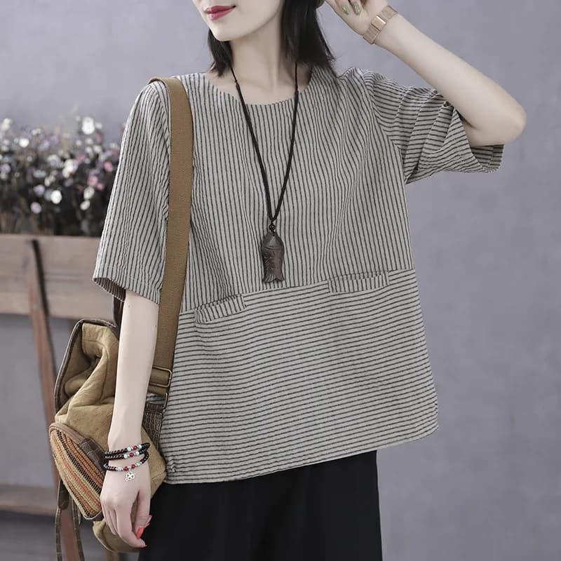Plus Size Women's Summer Casual Retro T-Shirt Loose Striped Thin Office Lady Fashion New Arrival Trendy Comfortable