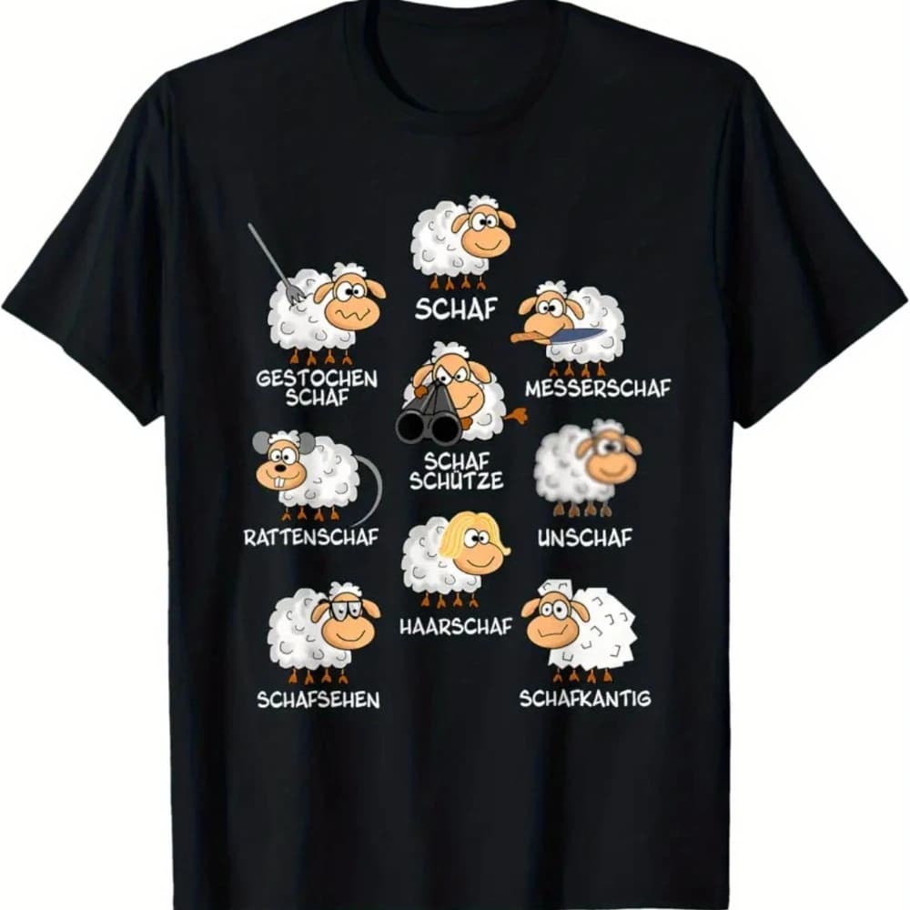 Funny German Sheep Word Game T-Shirt for Adults Black with White German Vocabulary Sheep Illustrations Casual Short Sleeve Tee
