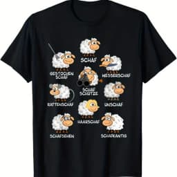Funny German Sheep Word Game T-Shirt for Adults Black with White German Vocabulary Sheep Illustrations Casual Short Sleeve Tee