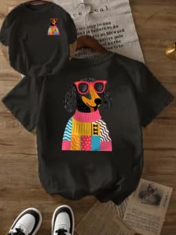 Casual Tops T-Shirt with Dachshund Sweater and Glasses Double-Sided Vibrant Design, Summer Daily Wear, Unisex Crew Neck Top