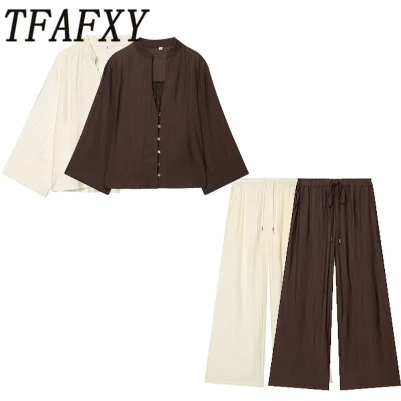 TFAFXY 2026 Sprinf Women Sets Wrist Sleeve Patchwork Loose V-neck Shirt Oversize Blouse Wide Leg Pants Suits Outfits