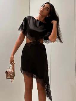 HH Women Elegant Solid Waist Hollow Out Dress Lace Trim Cutout Asymmetrical Midi Dress Y2K Lady Sexy Club Party Dresses
