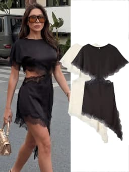 HH Women Elegant Solid Waist Hollow Out Dress Lace Trim Cutout Asymmetrical Midi Dress Y2K Lady Sexy Club Party Dresses