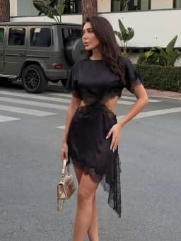 HH Women Elegant Solid Waist Hollow Out Dress Lace Trim Cutout Asymmetrical Midi Dress Y2K Lady Sexy Club Party Dresses