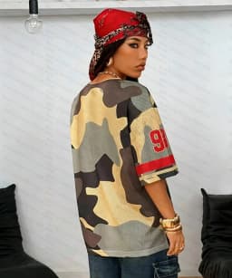 2026 Summer New Retro No.98 Print T-Shirt For Women V-Neck Camouflage Short Sleeve Tees Sports Jersey Y2K Plus Size Tops