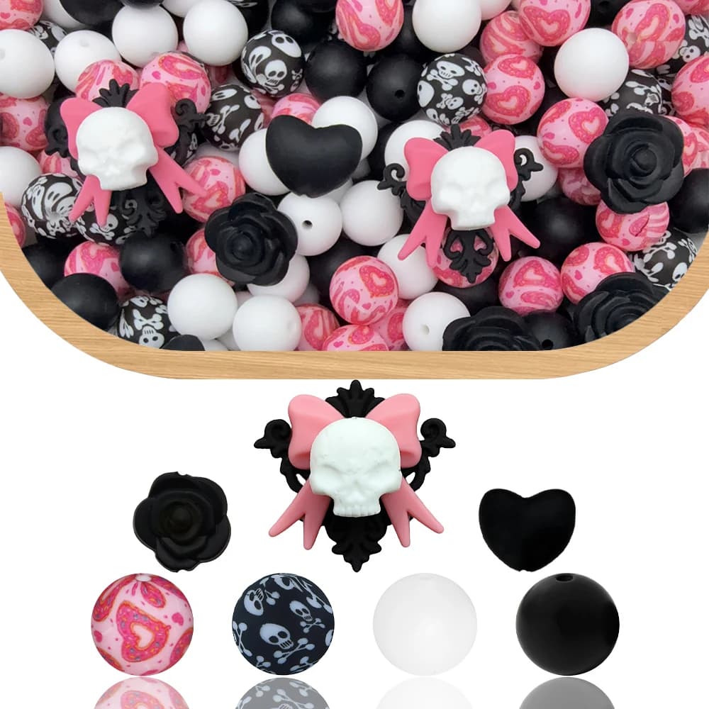 36PCS Skull Bow Silicone Bead Set, Perfect for DIY Handmade Crafts Such as Keychains, Necklaces, Bracelets, Etc