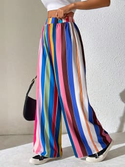 2026 Casual and Elegant Women's Plus Size Elastic Waist Loose Color Striped Comfortable Wide Leg Pants Long Pants